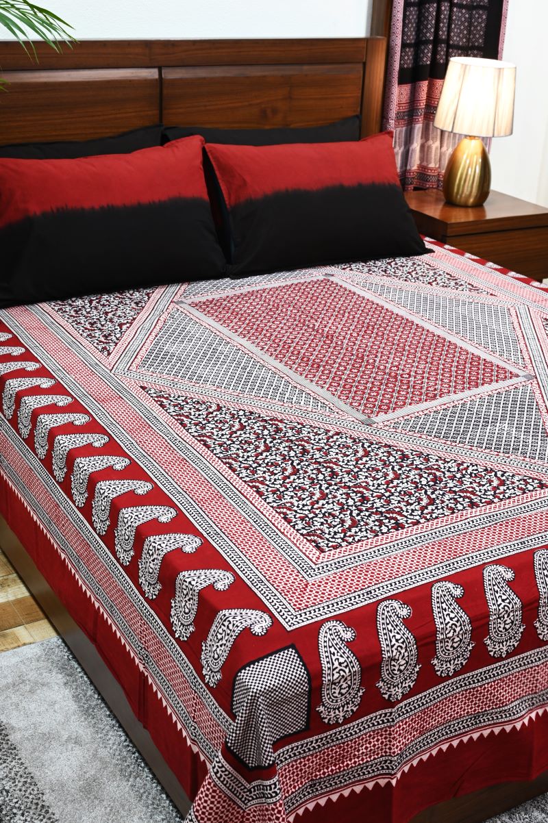 Red Bagh Block Print Cotton Bedsheet