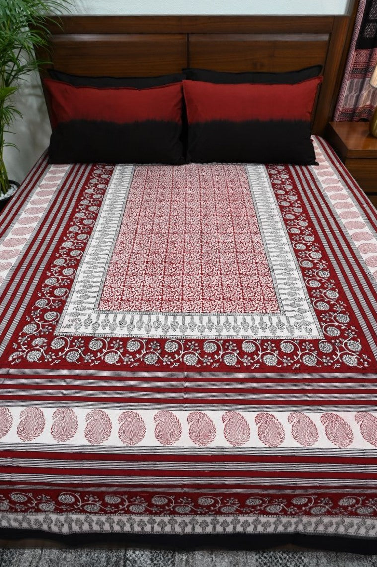 Red Floral Jaal Bagh Block Print Cotton Bedsheet