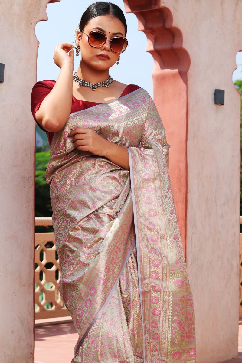 Misty Pink Banarasi Jamawar Tanchoi Silk Saree