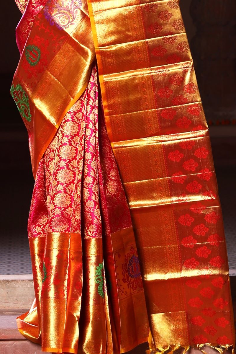 Buy Sunset Magenta Pure Zari Mulberry Silk Kanjivaram Saree