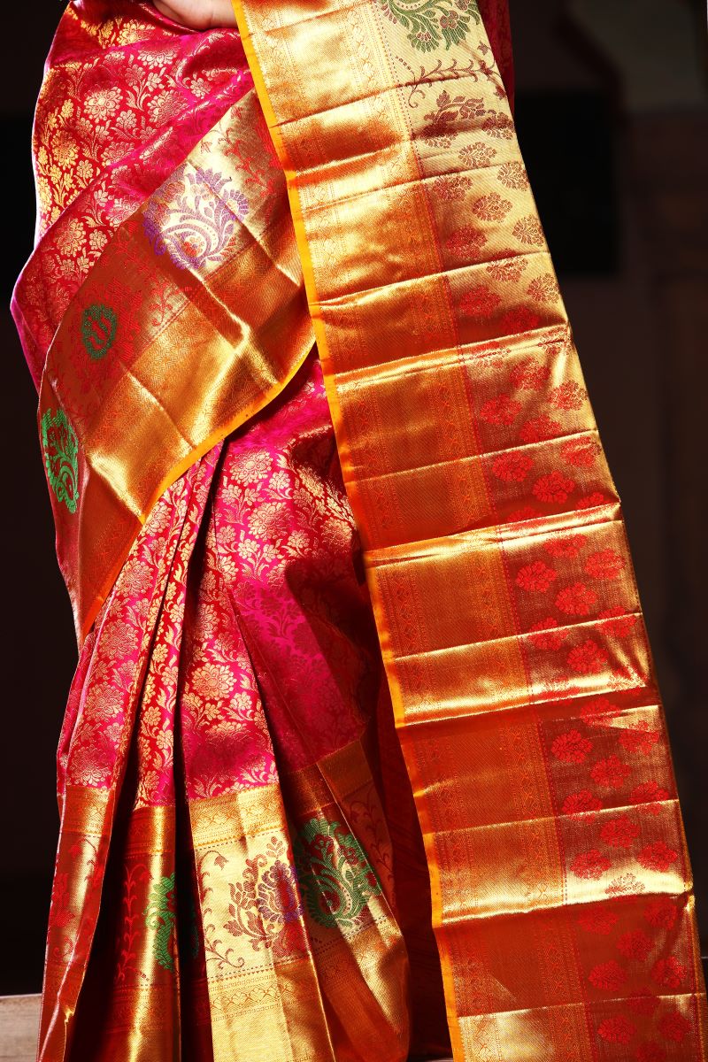 Sunset Magenta Pure Zari Mulberry Silk Kanjivaram Saree