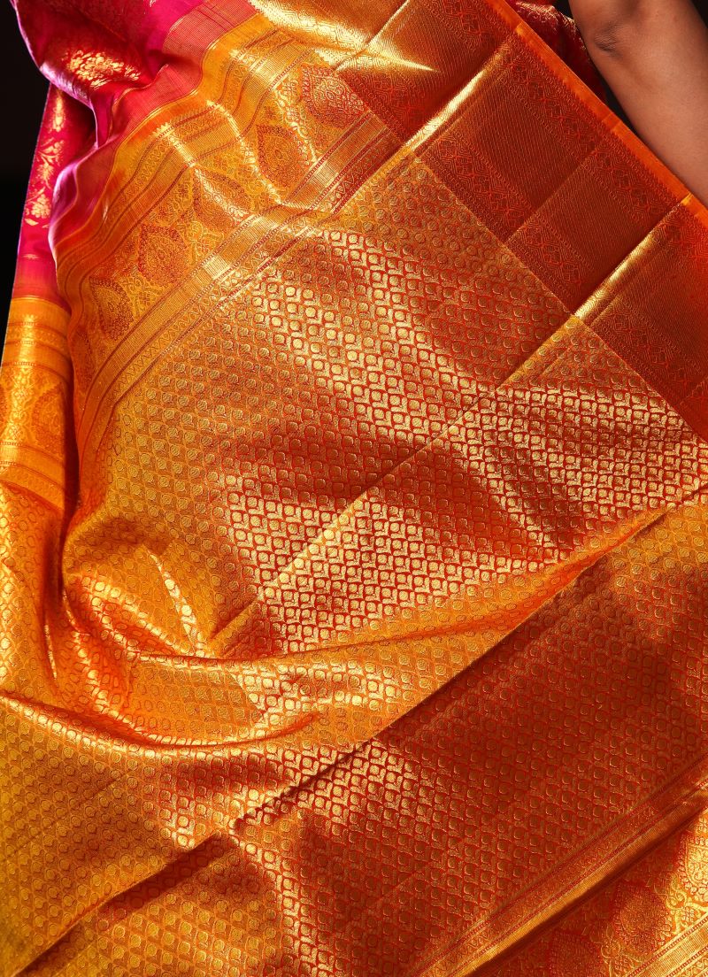 Sunset Magenta Pure Zari Mulberry Silk Kanjivaram Saree