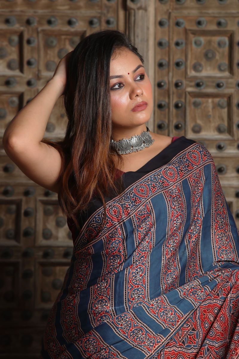 Indigo Ajrakh Modal Silk Saree