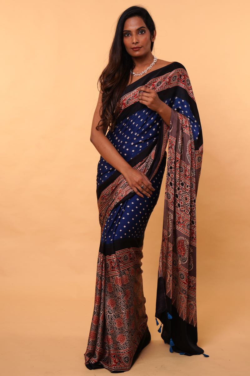 Blue Browwn Bandhej Ajrakh Modal Silk Saree