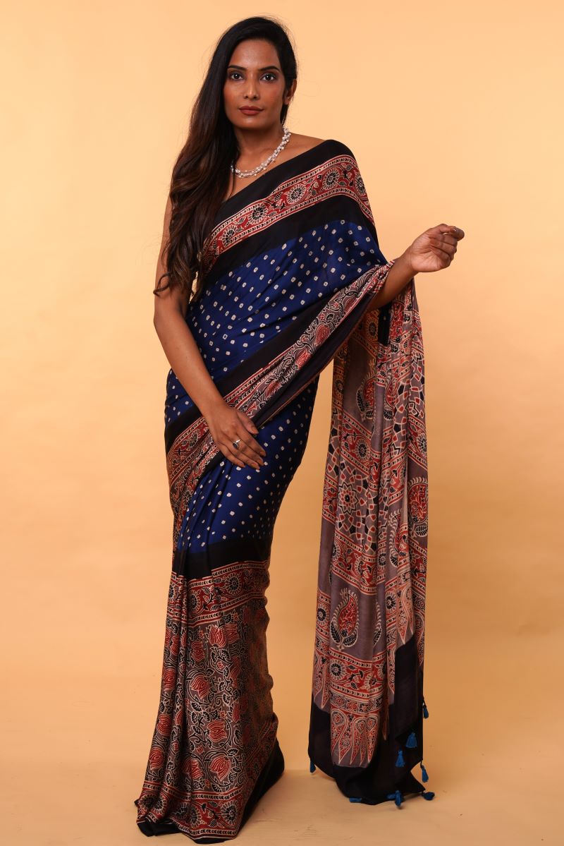 Bandhej Ajrakh Modal Silk Saree