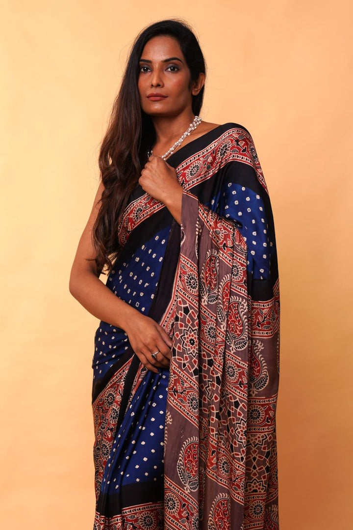 Blue Bandhej Modal Silk Ajrakh Saree