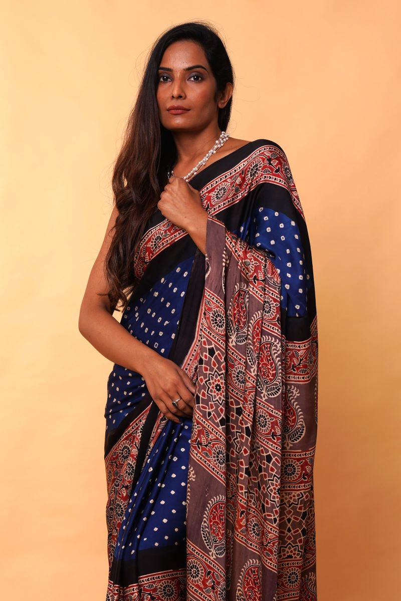 Shop Stunning Red Ajrakh Print Modal Silk Saree Online in USA – Pure  Elegance