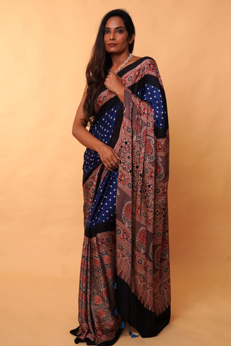 Buy Earthy Blue Bandhej Ajrakh Modal Silk Saree Online - House Of Elegance  – House Of Elegance - Style That Inspires