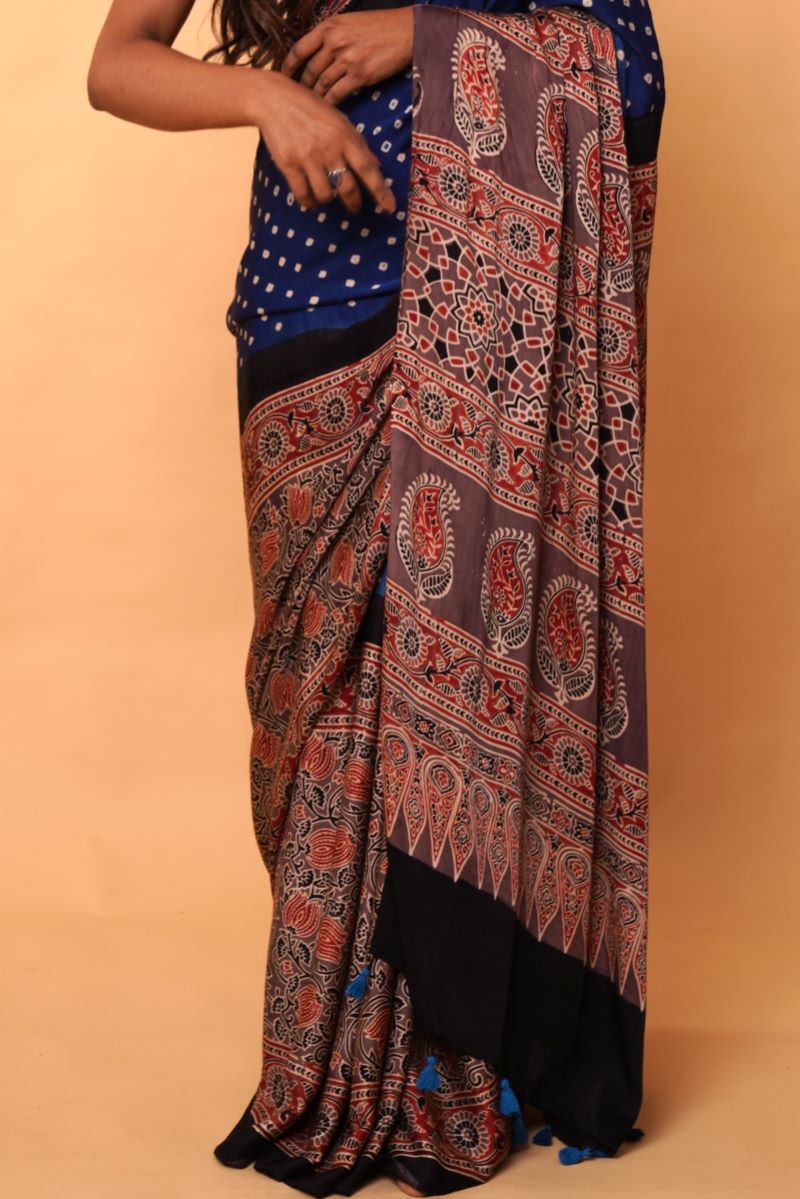 Blue Ajrakh Silk Saree