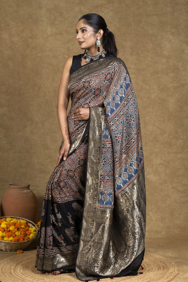 Minkundi Marigold Ajrakh Dola Silk Saree