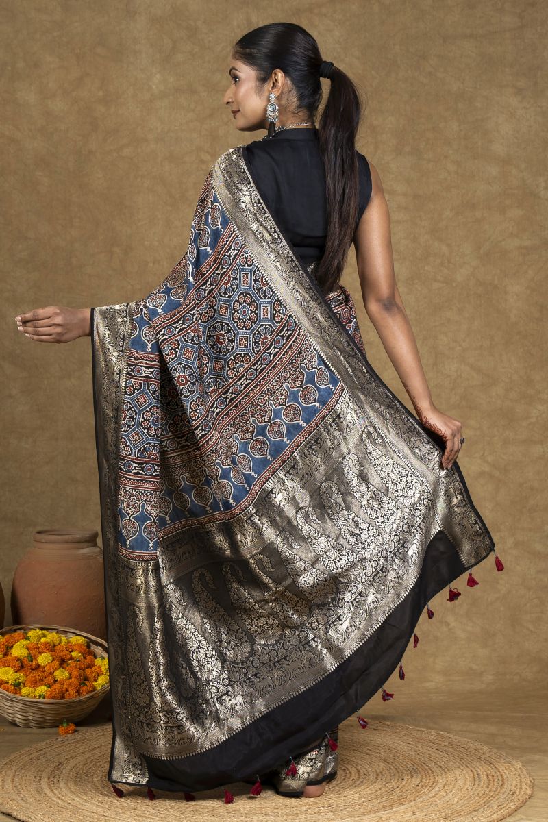 Minkundi Marigold Ajrakh Dola Silk Saree