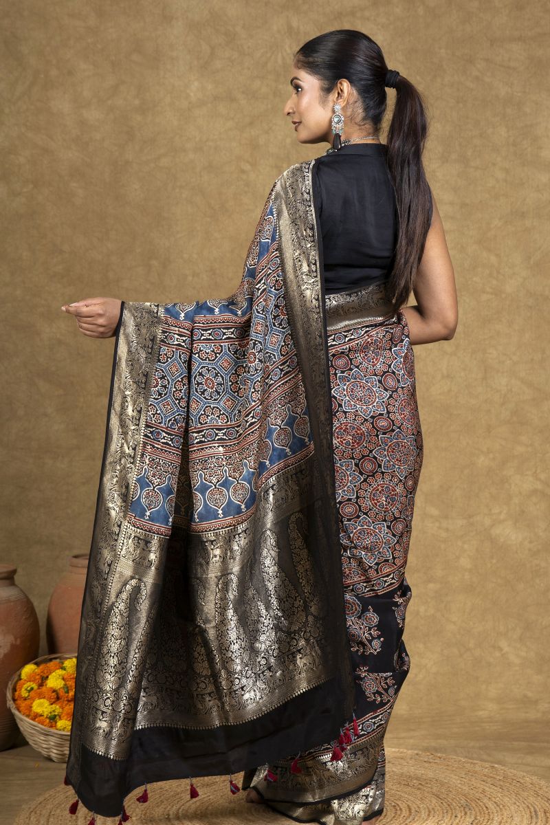 Minkundi Marigold Ajrakh Dola Silk Saree