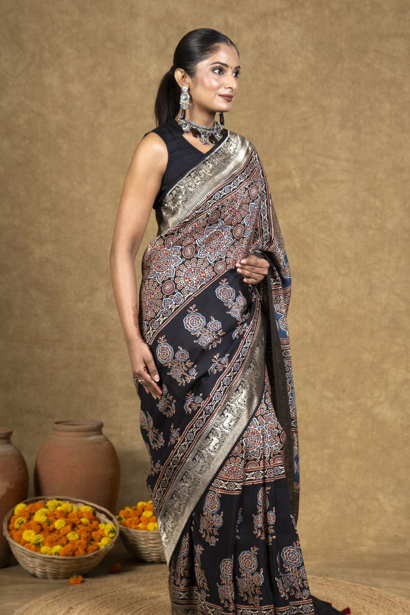 Minkundi Marigold Ajrakh Dola Silk Saree