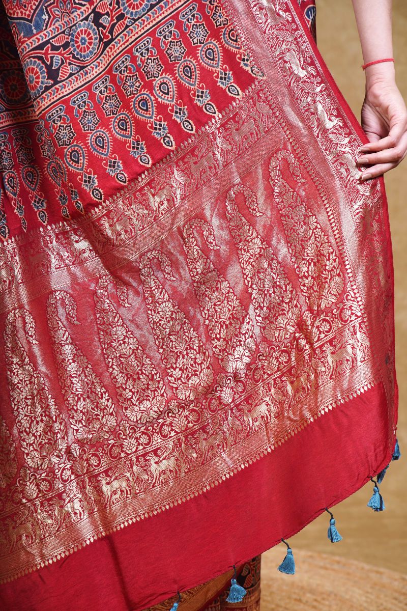 Crimson Leafy Jaal Ajrakh Dola Silk Saree