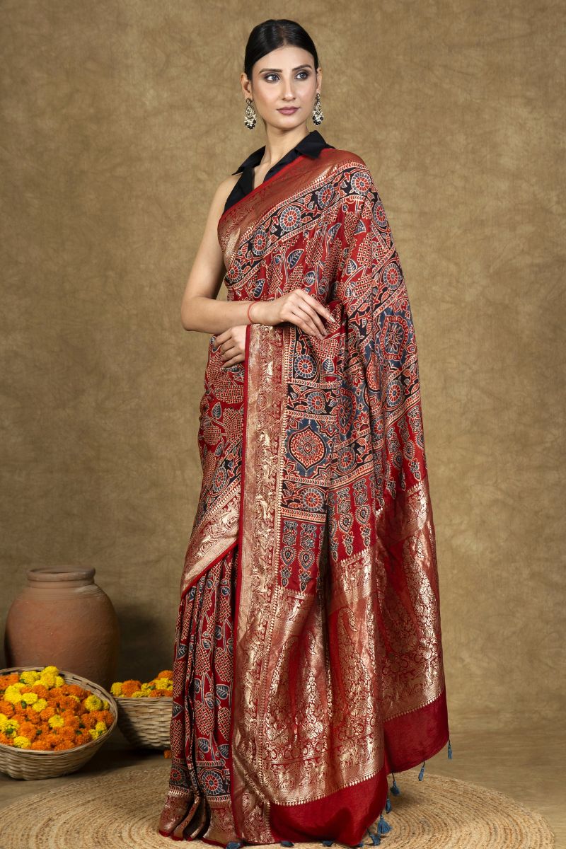 Red Dola Silk Ajrakh Saree