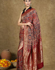 Red Dola Silk Ajrakh Saree