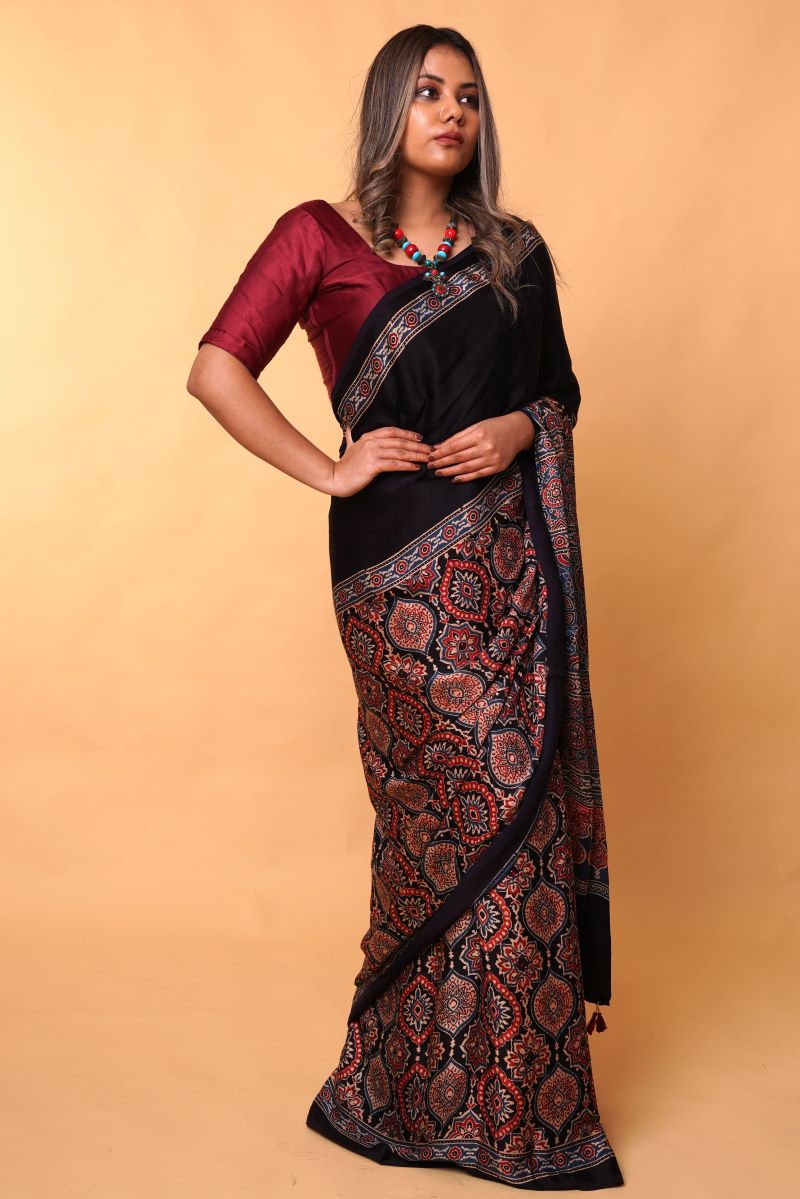 Red Black Ajrakh Modal Silk Saree