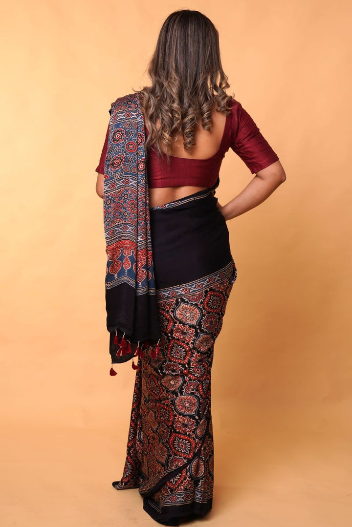 Red Black Modal Silk Ajrakh Saree