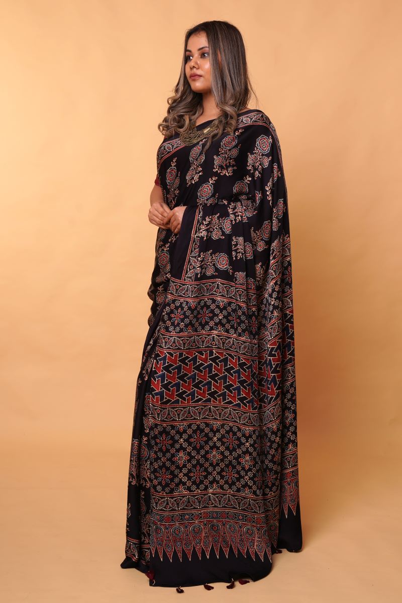 Black Ajrakh Modal Silk Saree