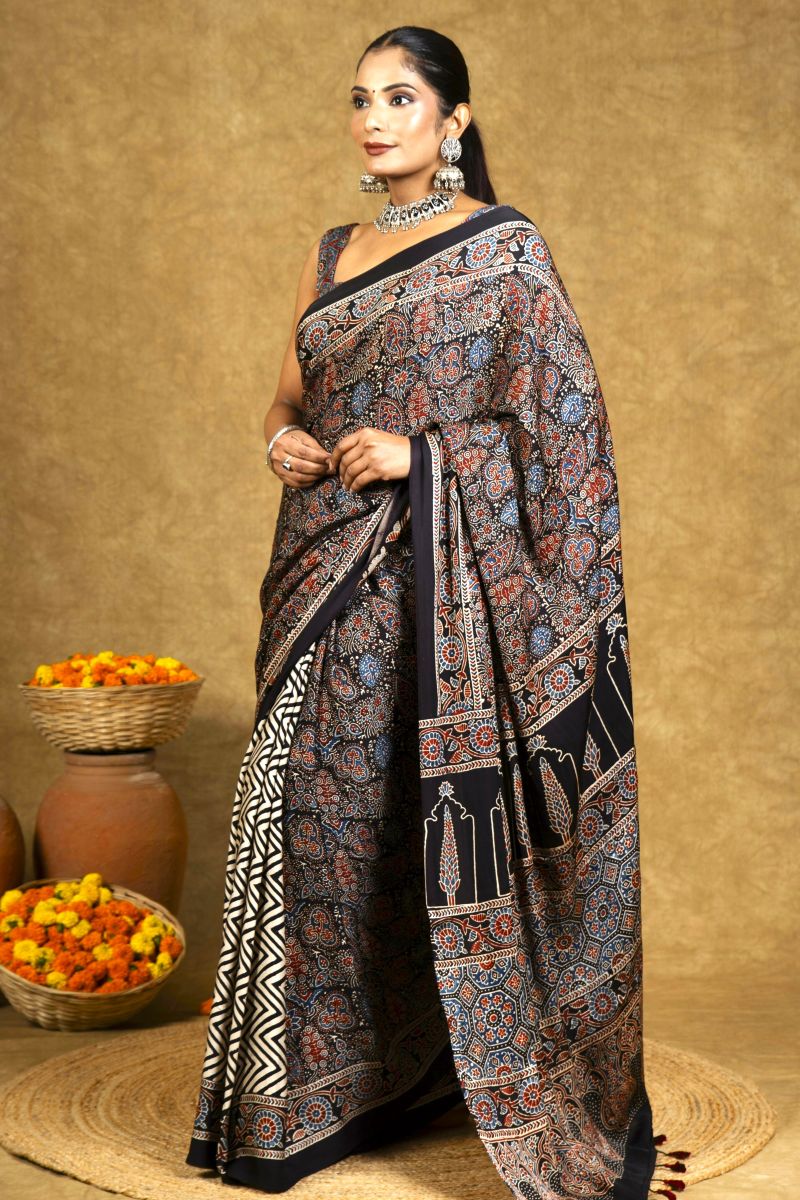 Black Modal Silk Ajrakh Saree