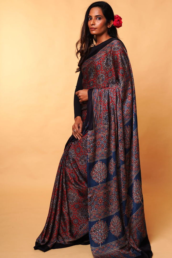 Blue Maroon Ajrakh Modal Silk Saree