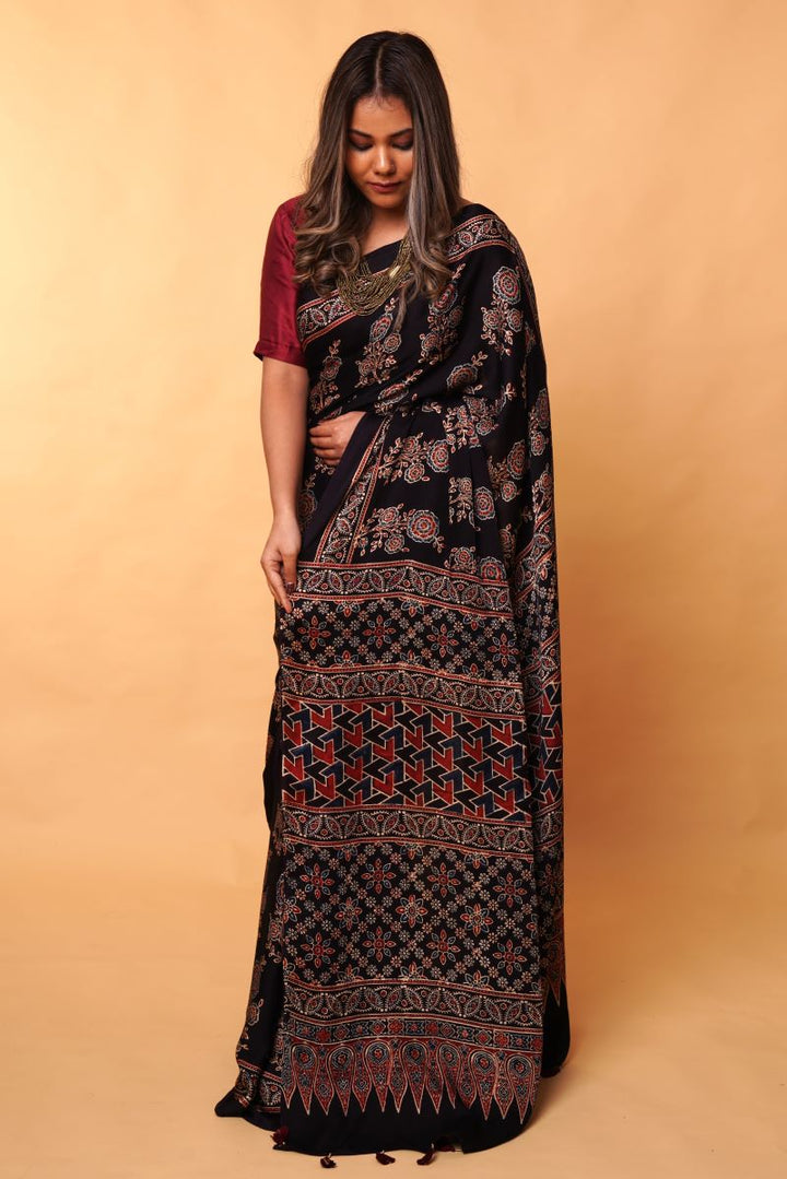 Black Beige Ajrakh Modal Silk Saree