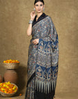 Blue Floral Jaal Ajrakh Modal Silk Saree