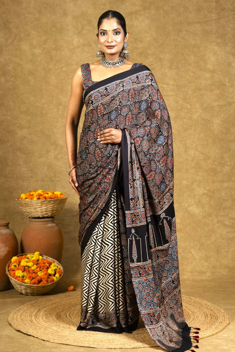 Black Modal Silk Ajrakh Saree