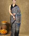 Blue Floral Jaal Ajrakh Modal Silk Saree