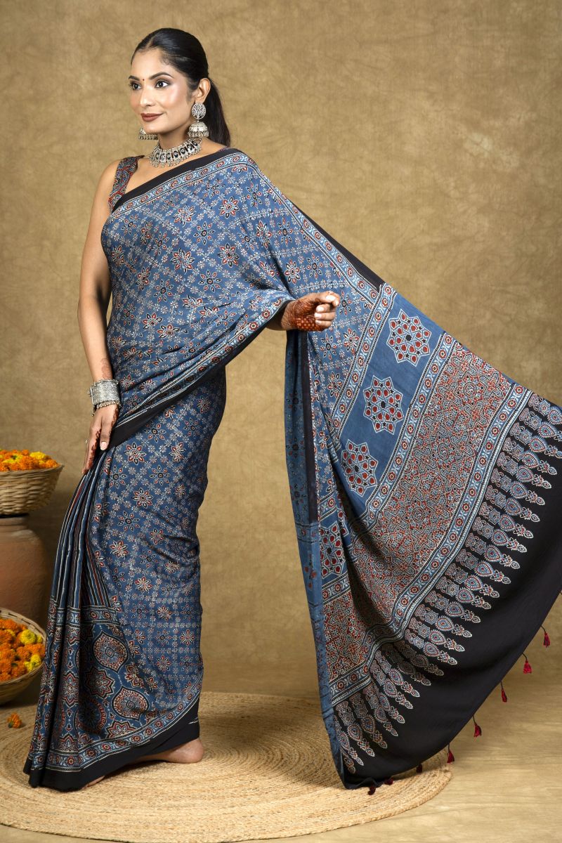 Blue Ajrakh Modal Silk Saree