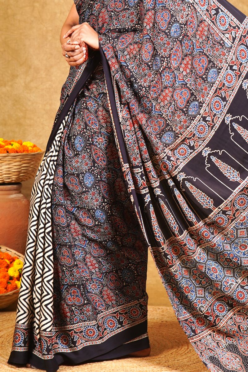 Black Chevron Jaal Ajrakh Modal Silk Saree