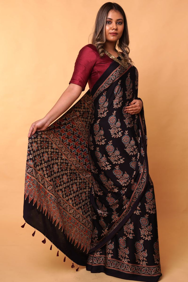 Black Beige Modal Silk Ajrakh Saree