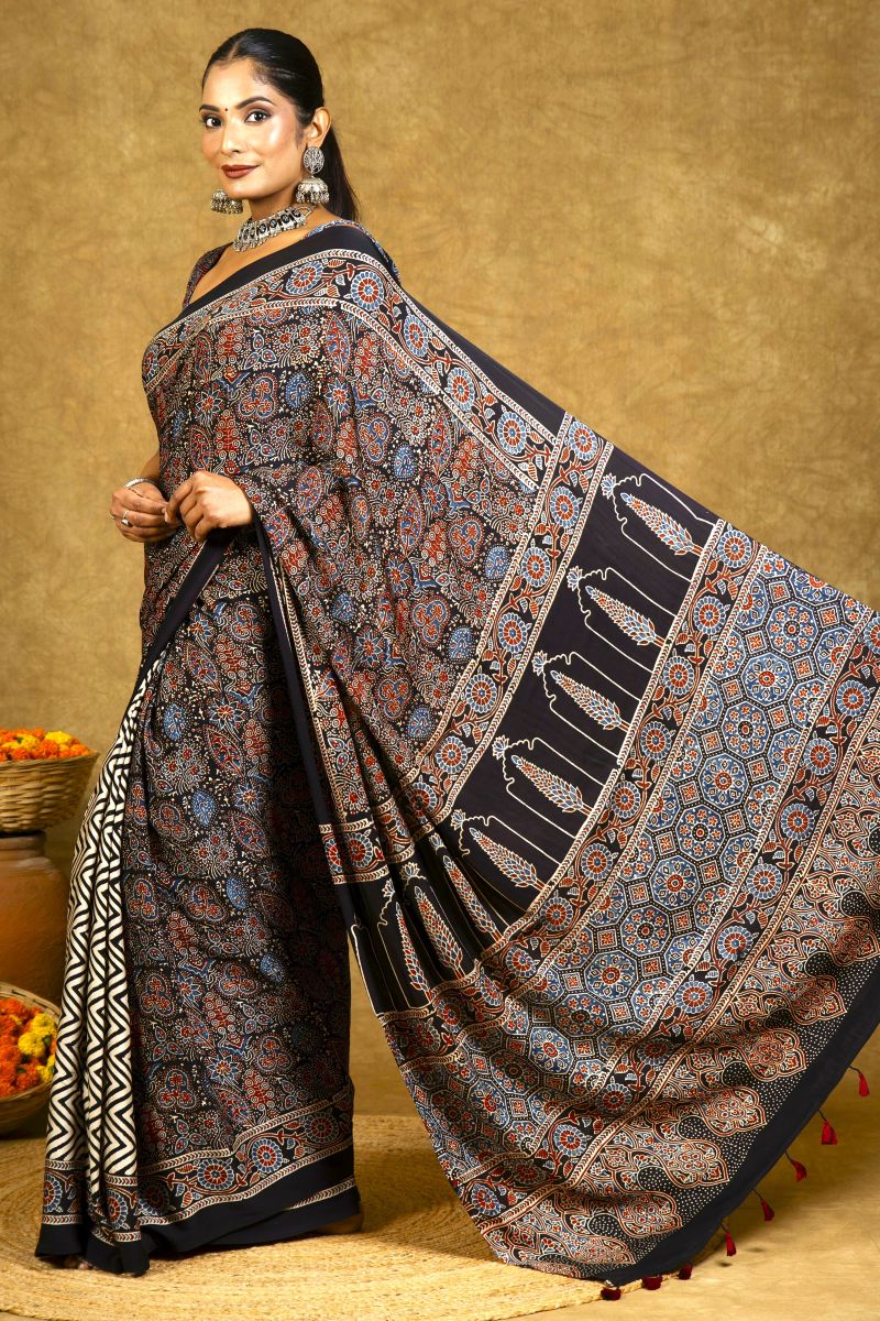 Black Modal Silk Ajrakh Saree