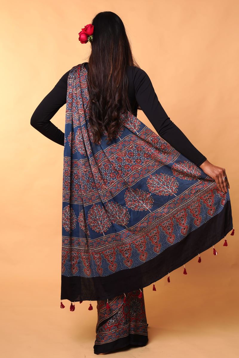 Blue Red Ajrakh Modal Silk Saree