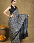 Blue Floral Jaal Ajrakh Modal Silk Saree
