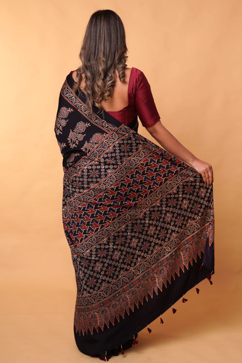 Black Ajrakh Saree