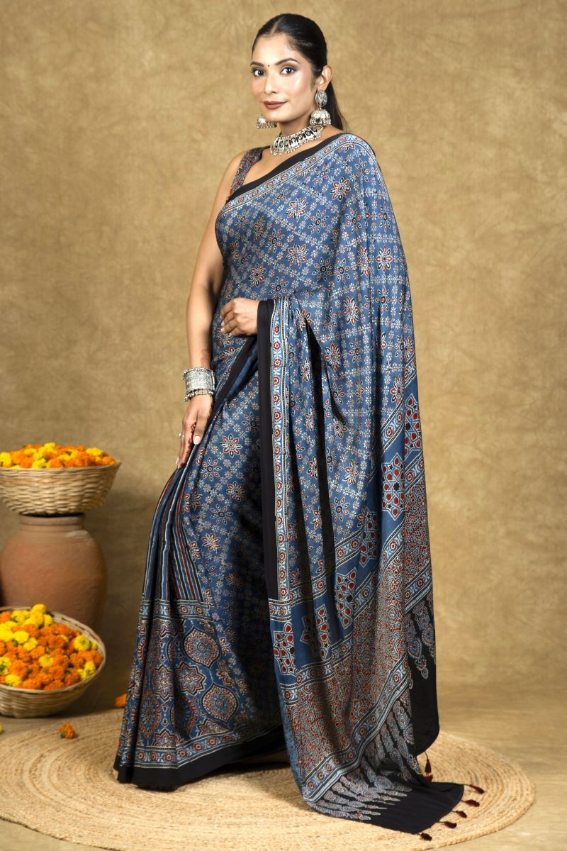 Hand Block Ajrakh Silk Saree