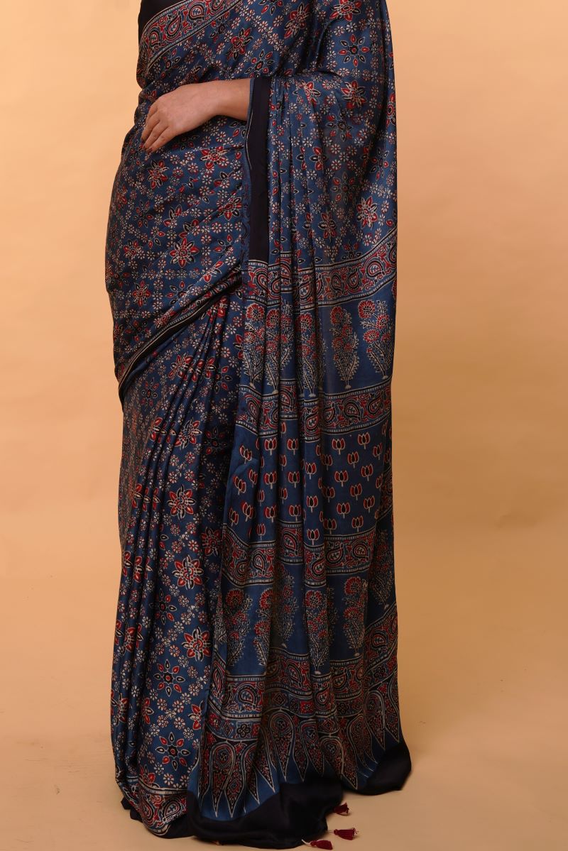 Blue Ajrakh Silk Saree