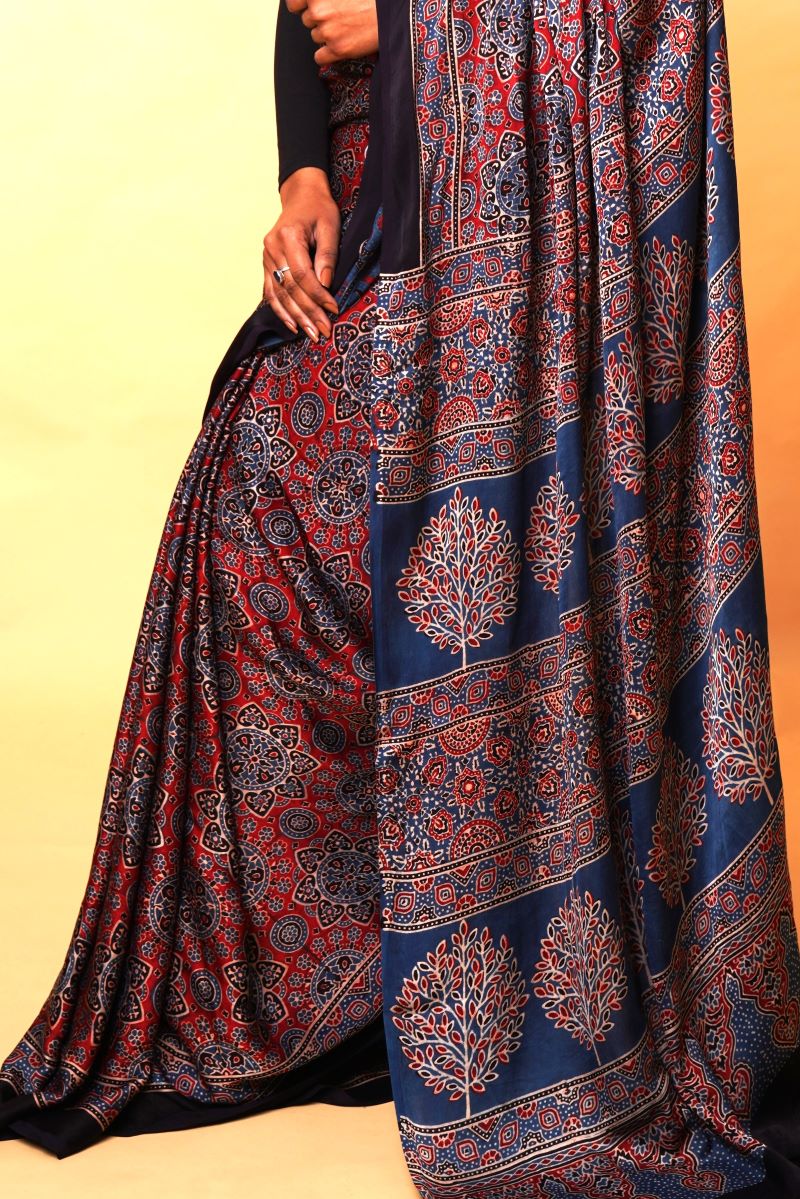Red Ajrakh Modal Silk Saree