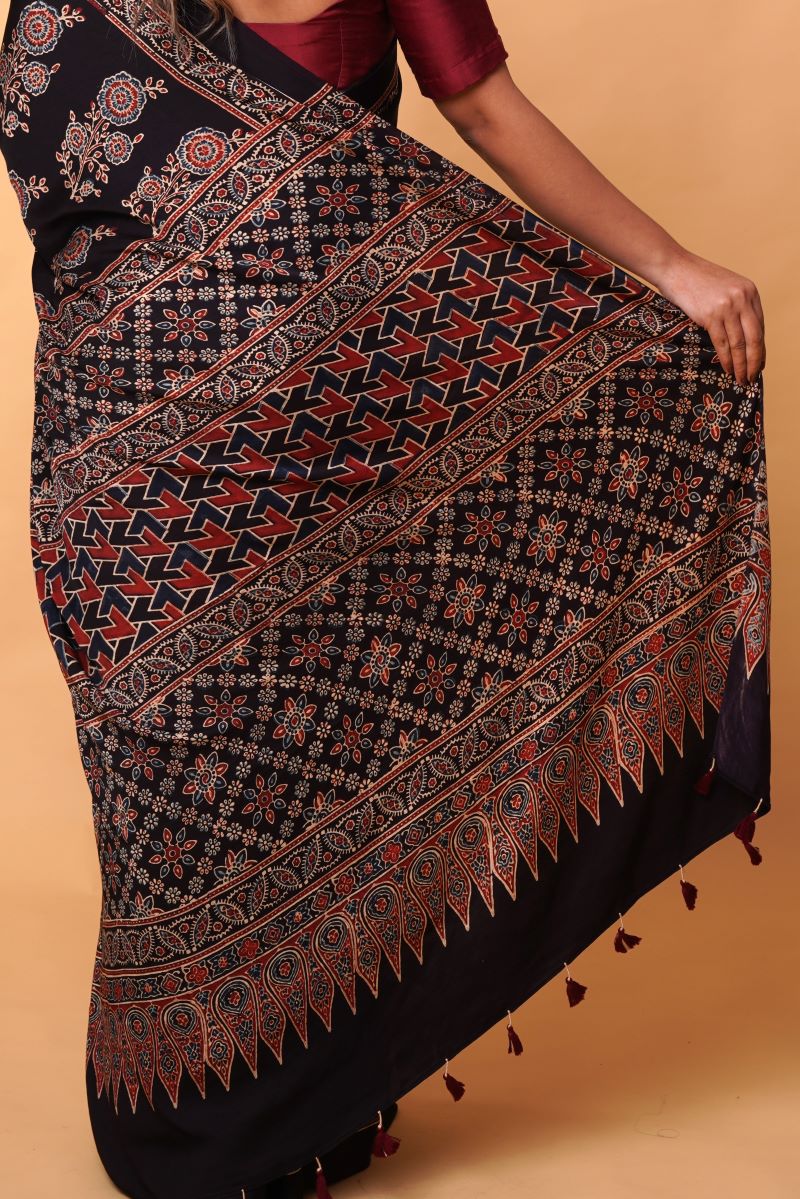 Black Beige Ajrakh Saree