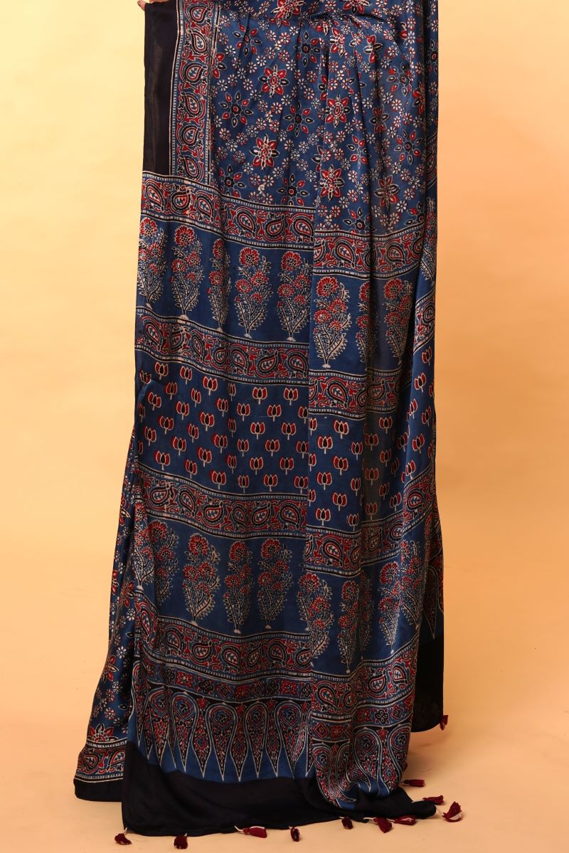 Blue Silk Ajrakh Saree