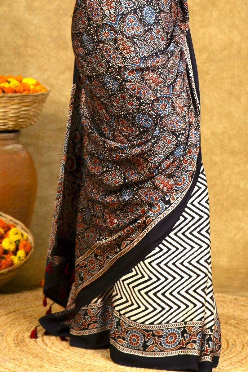 Black Chevron Jaal Ajrakh Modal Silk Saree