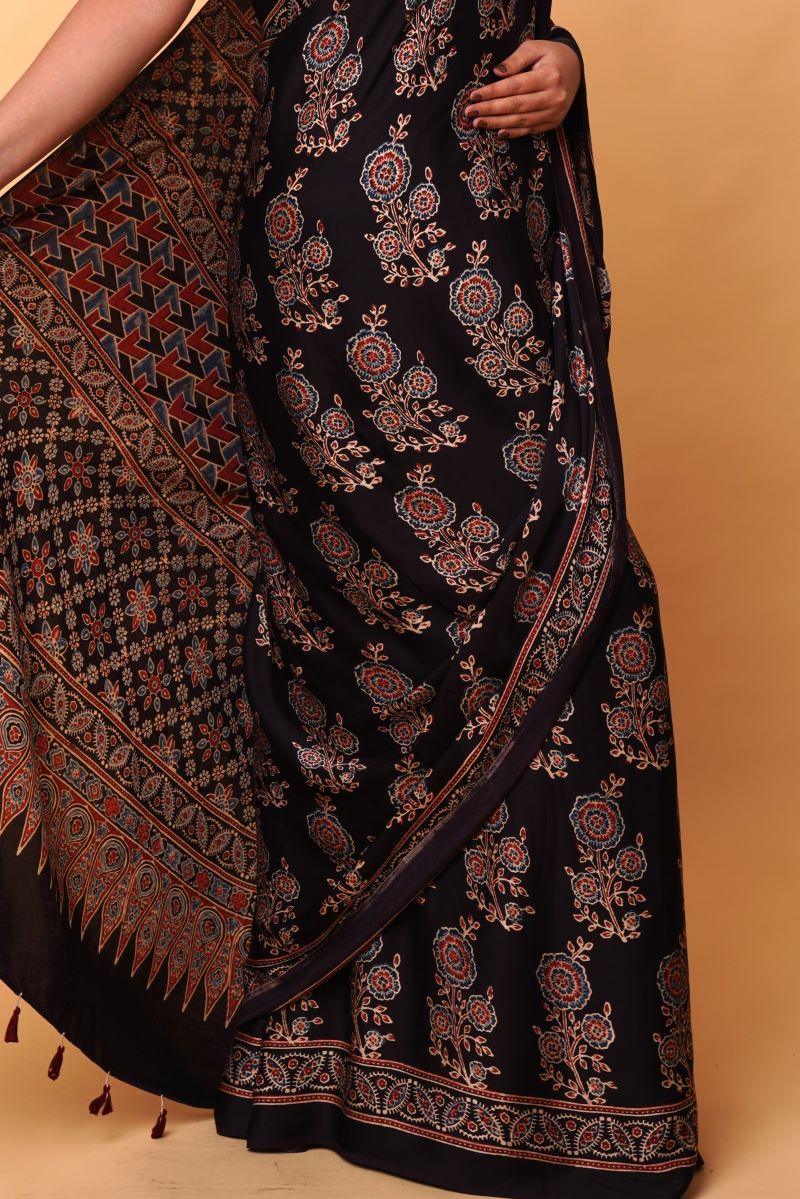 Black Ajrakh Modal Silk Saree