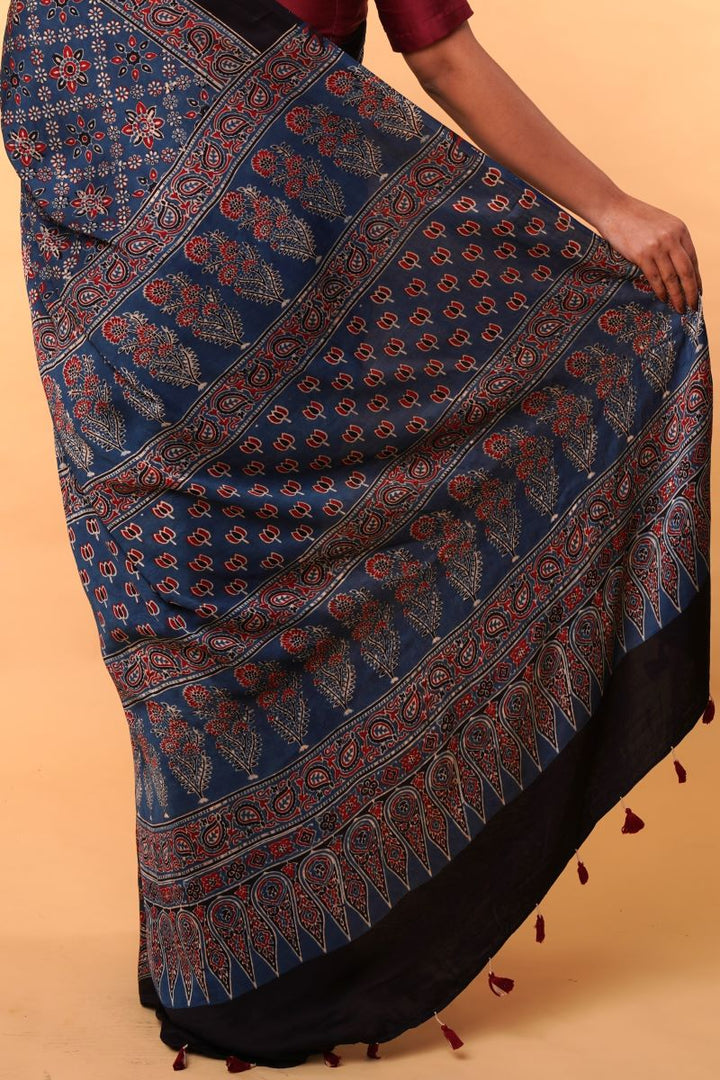 Indigo Starry Ajrakh Modal Silk Saree