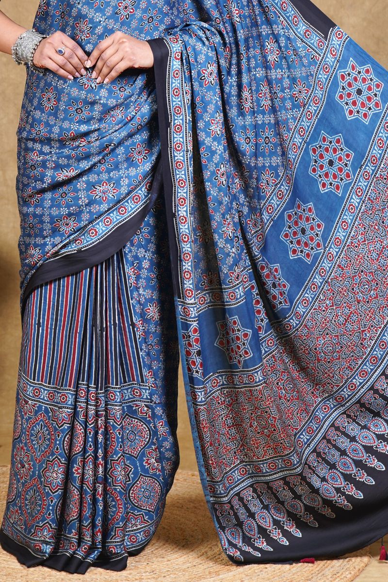 Blue Starry Stria Ajrakh Modal Silk Saree