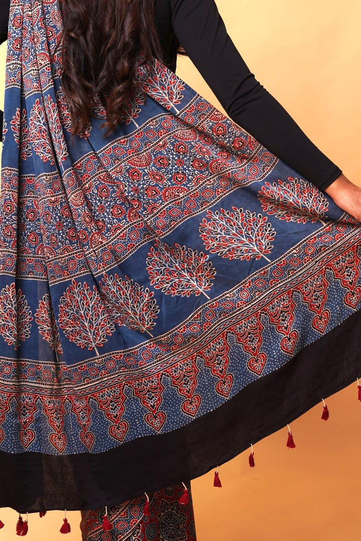 Blue Minkundi Ajrakh Modal Silk Saree