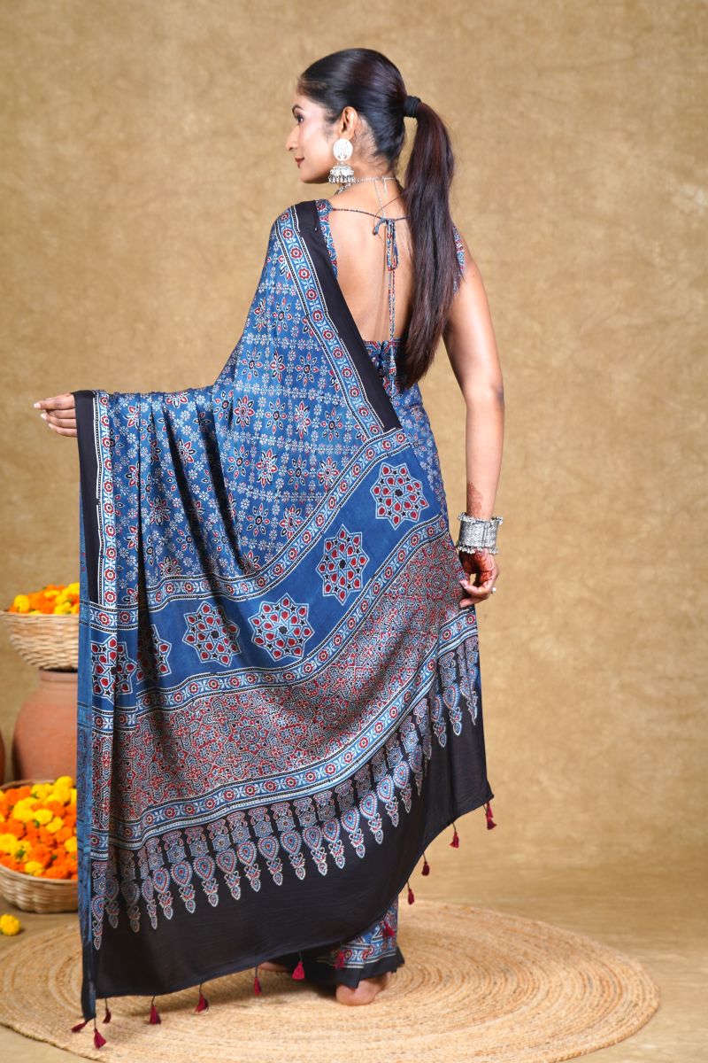 Blue Starry Stria Ajrakh Modal Silk Saree