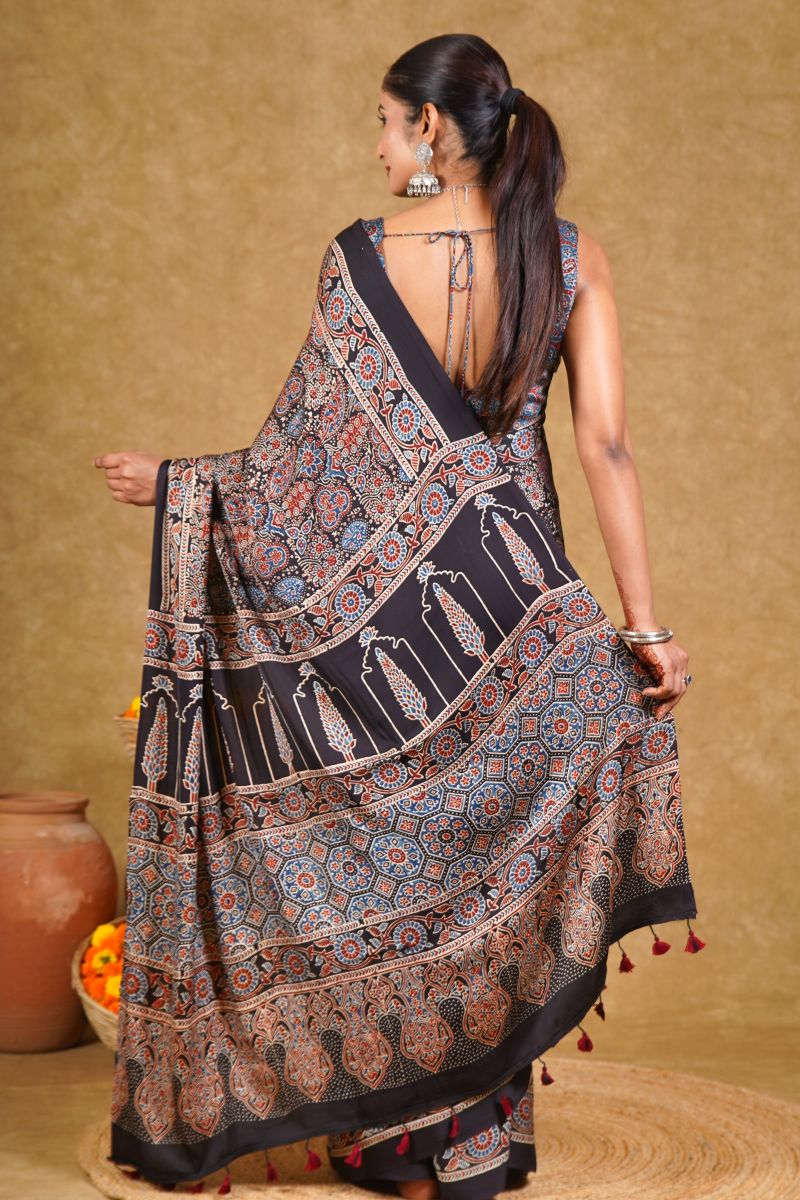 Black Ajrakh Modal Silk Saree