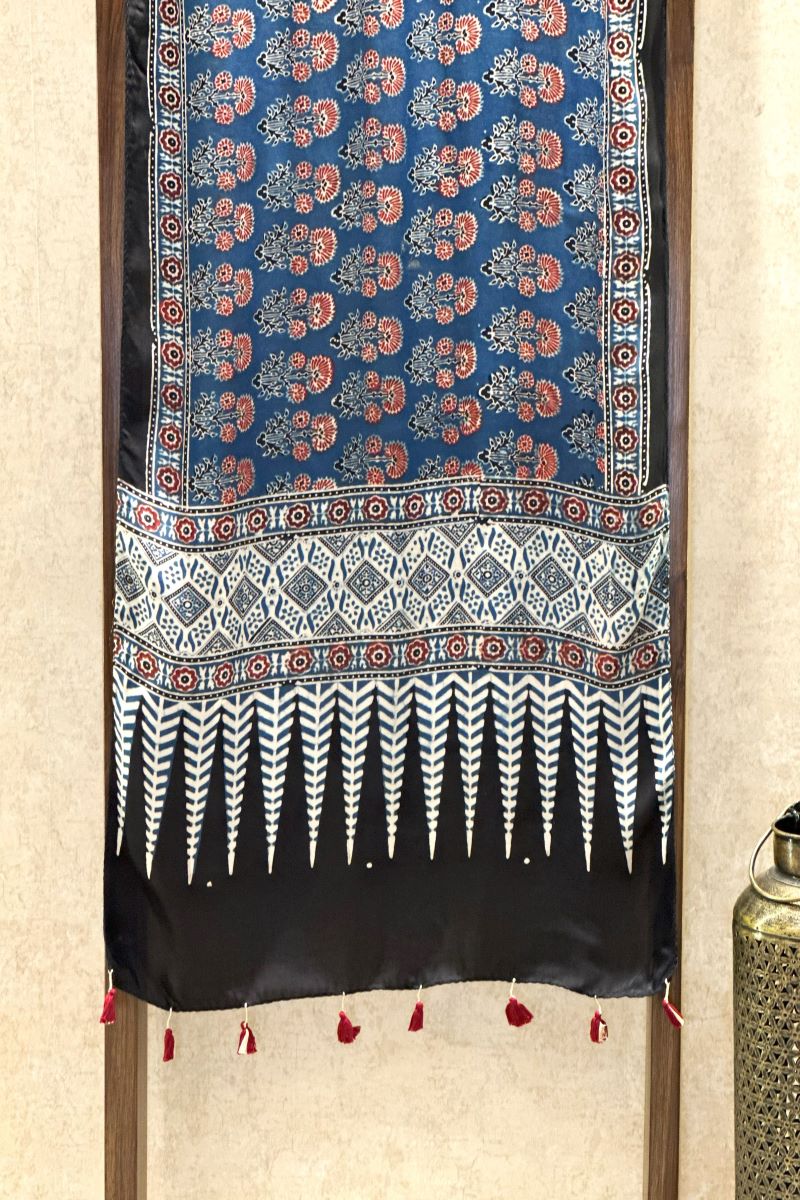 Blue Floral Modal Silk Ajrakh Stole