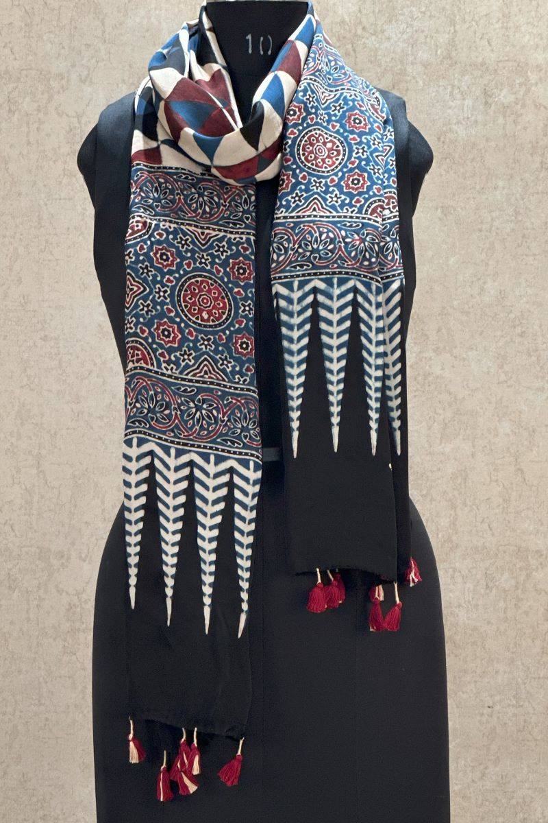 Blue Ajrakh Modal Silk Stole